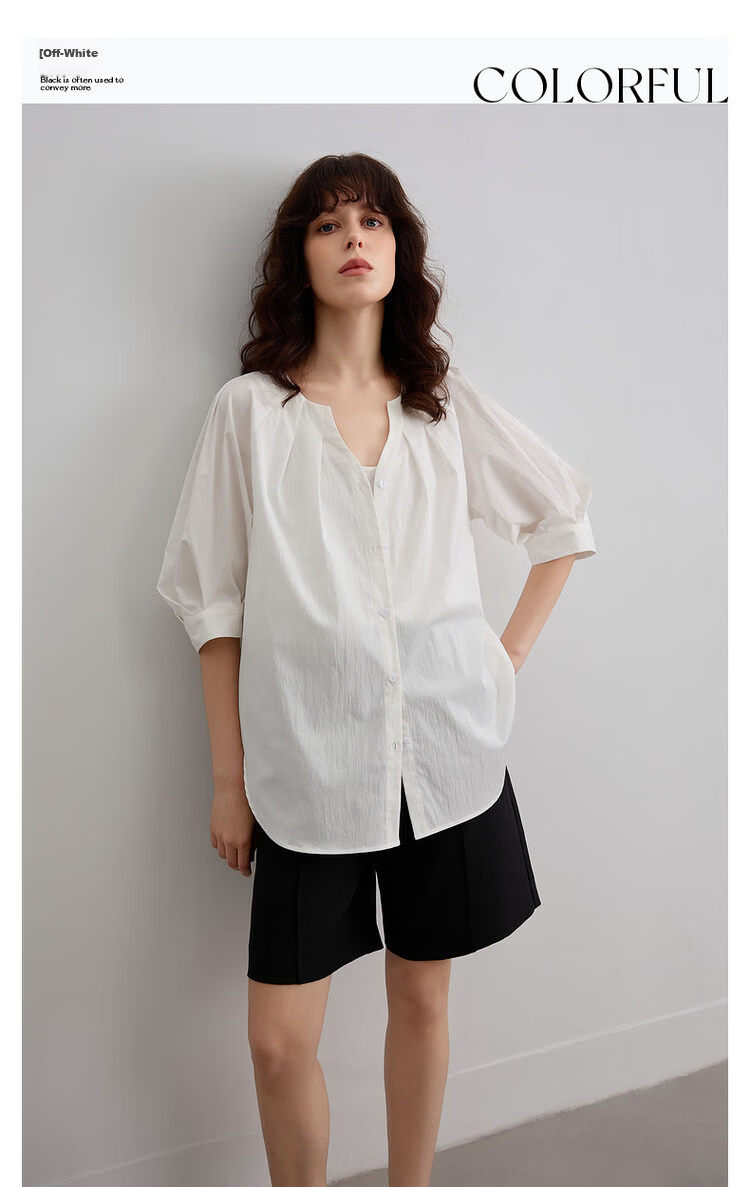 Demana Urban White Moonlight Summer Elegant Pleated V-Neck Cotton Nylon Stretch Loose Slim Shirt for Women Premium Feel 3