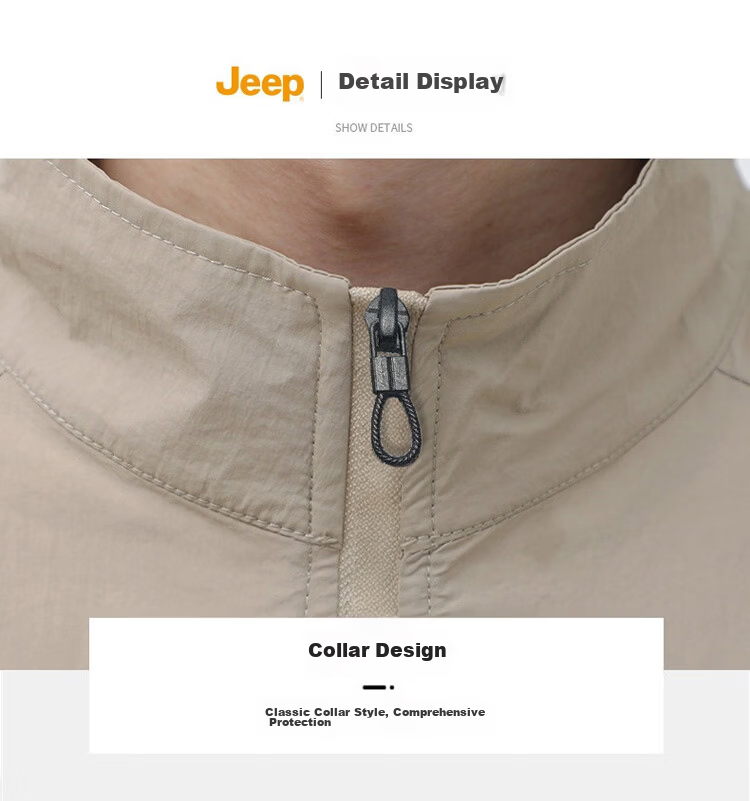 JEEP Men's Ice Silk Summer Sun Protection Jacket UPF50+ Ultra-Thin Breathable Stand Collar Anti-UV Coat Khaki 2XL 17