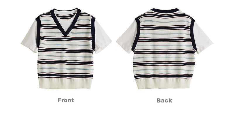 Sllsky College Style Colorblock Striped Patchwork Faux Two-Piece Wool Short Sleeve Knit Top Women 2026 Summer New Arrival 19