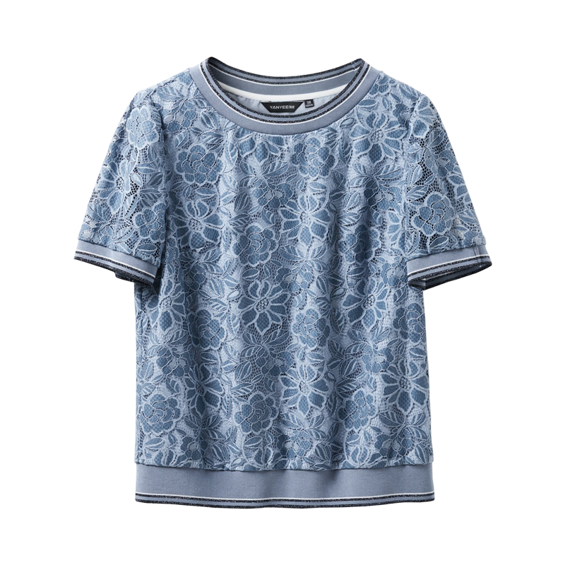 YANYEE Crochet Hollow Lace Top Women 2023 Summer Light Mature Style Short Loose T-Shirt Blue S/36