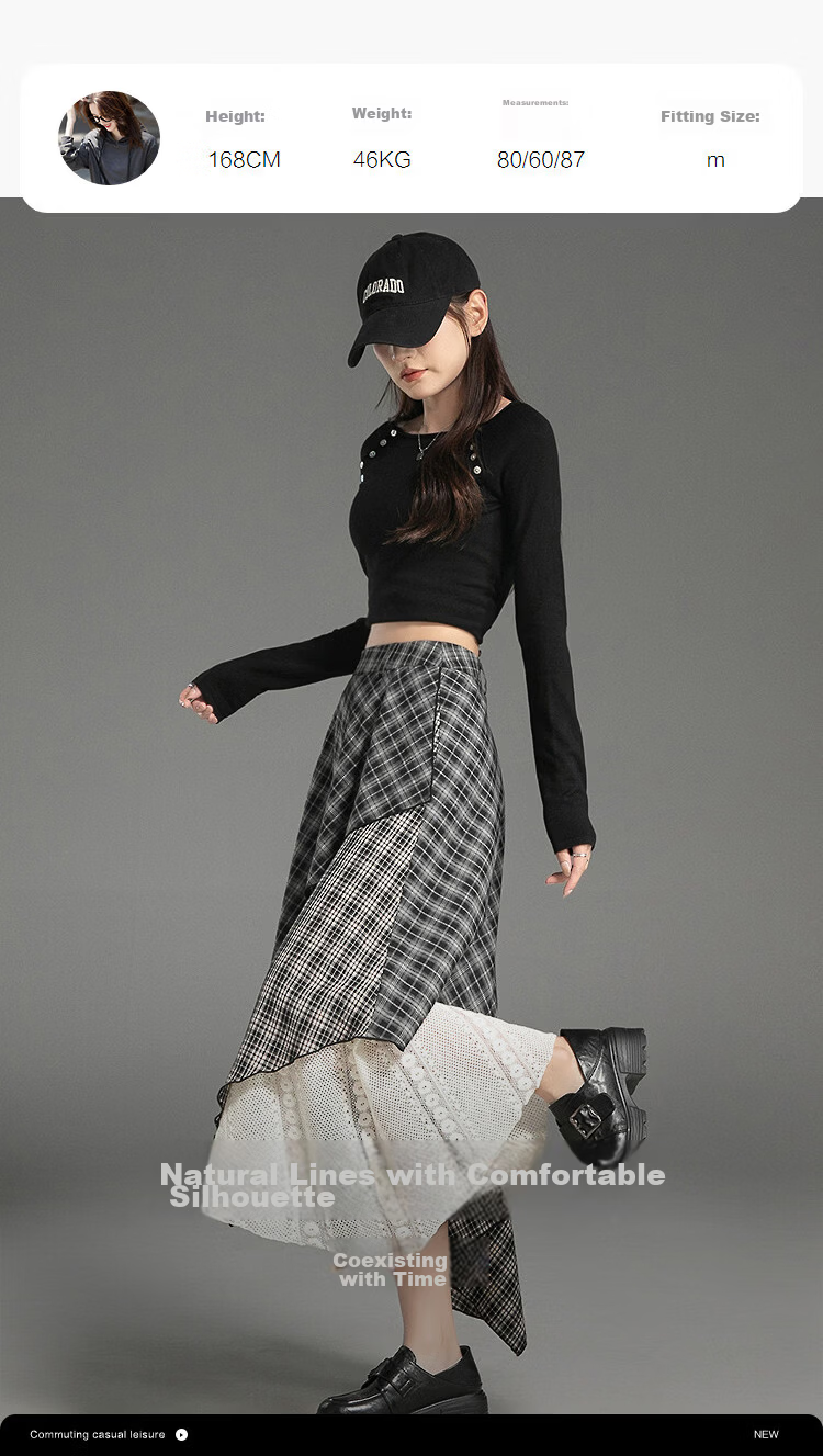 Demana Vintage Date Autumn Design Patchwork Plaid Striped A-Line Slimming Concealment High-End Women's Skirt 9