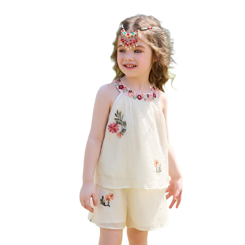 ASK JUNIOR Children's Summer Set: Little Girls' Halter Top And Casual Shorts Two-Piece Set with Chiffon Embroidery