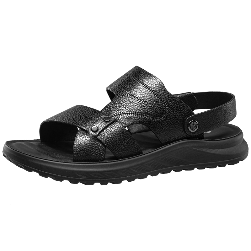 Connie Men's Summer Casual Genuine Leather Cowhide Dual-Wear Soft Breathable Odor-Resistant Beach Sandals Black Size 43