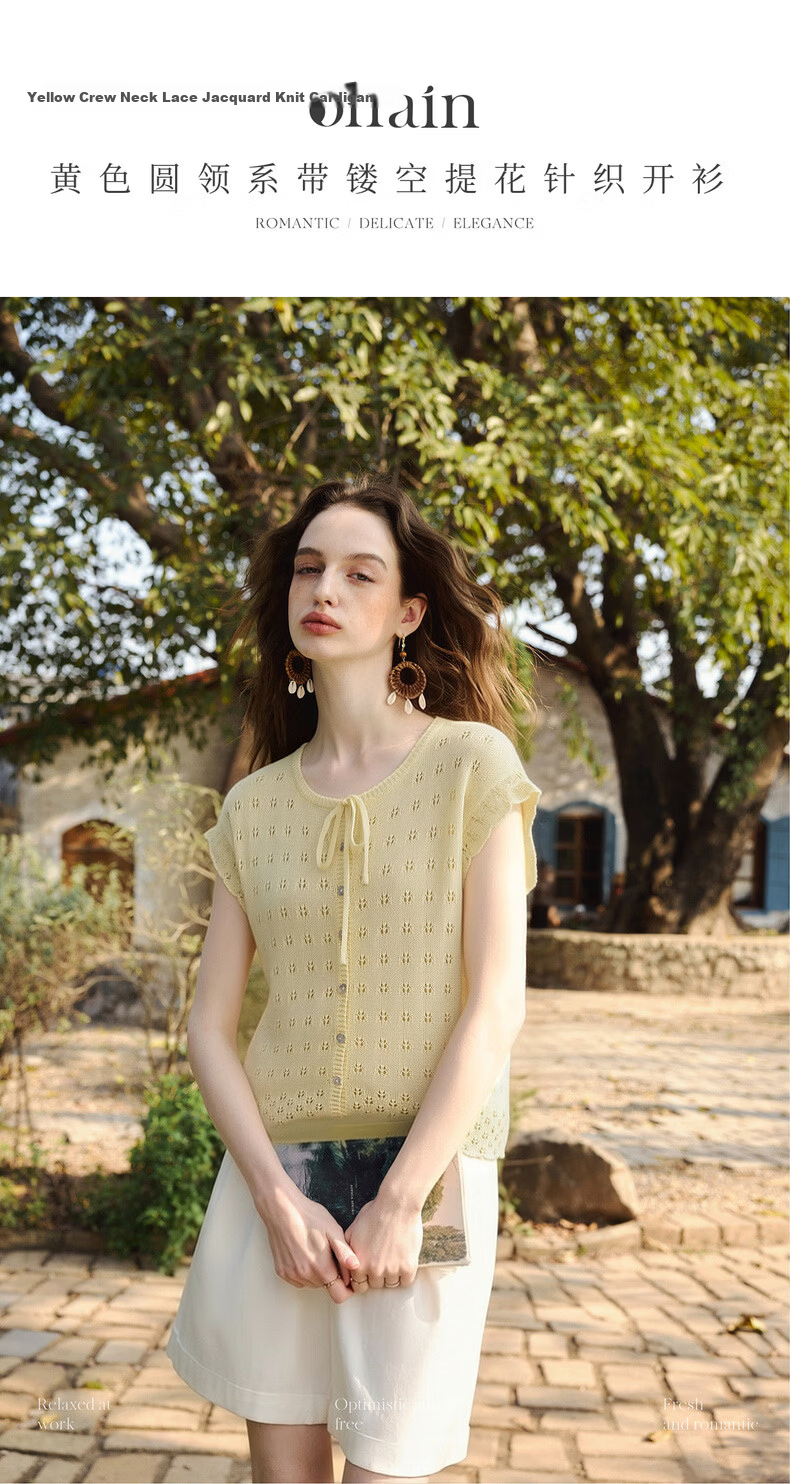 Olrain Summer New Round Neck Tie Single-Breasted Hollow Jacquard Knit Cardigan Women Top Yellow S 1