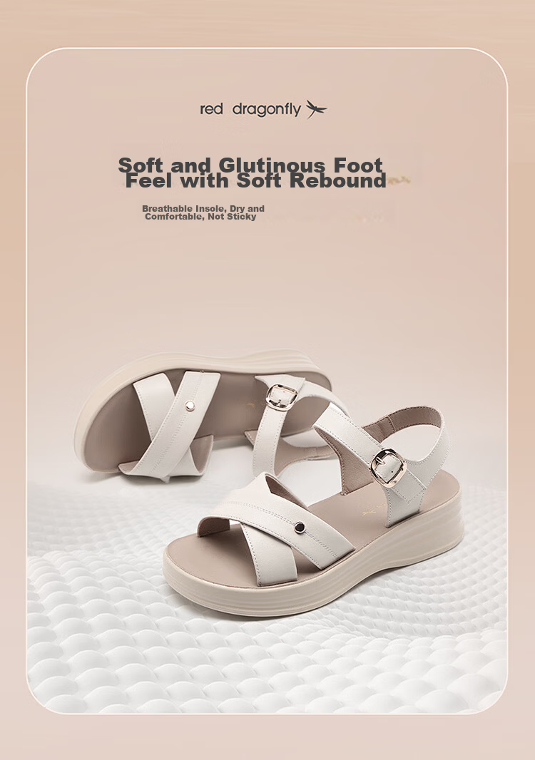 Red Dragonfly Mom Summer Sandals Soft Leather Sole Middle-aged and Elderly Women's Shoes Magic Tape Beach Shoes WTK265021 Black Size 38 5