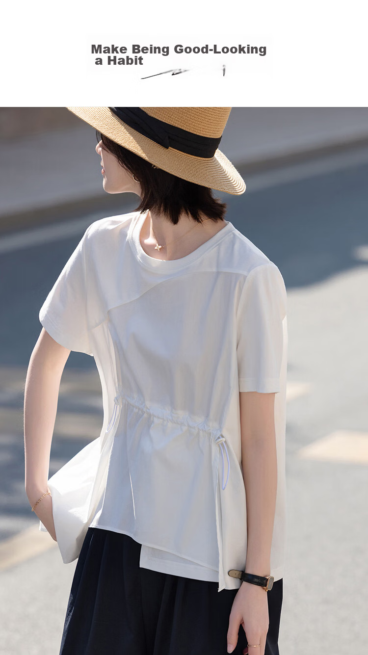 Demana [Cool Feeling Sorona] Summer Simple Round Neck Drawstring Asymmetric Hem Loose Slim T-Shirt for Women Premium Quality 1