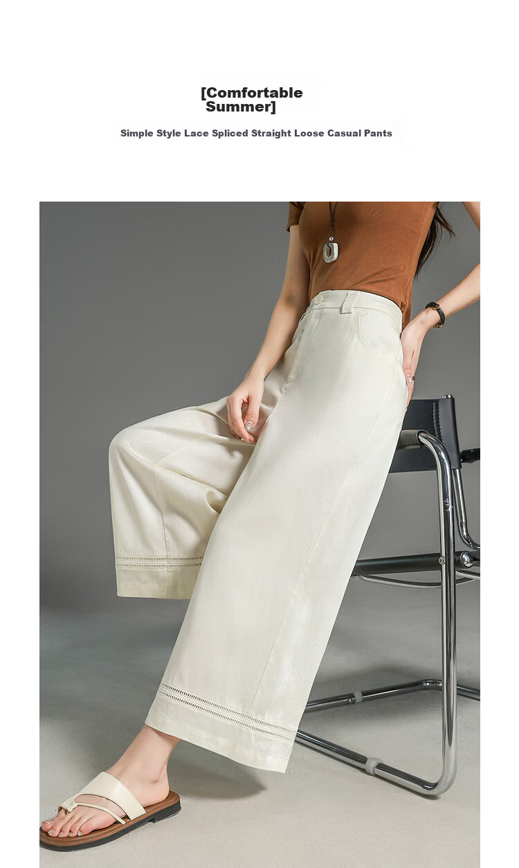Demana [100 Lyocell] Summer Cropped Pants Simple Style Lace Splicing Straight Loose Slim Casual Pants for Women 3