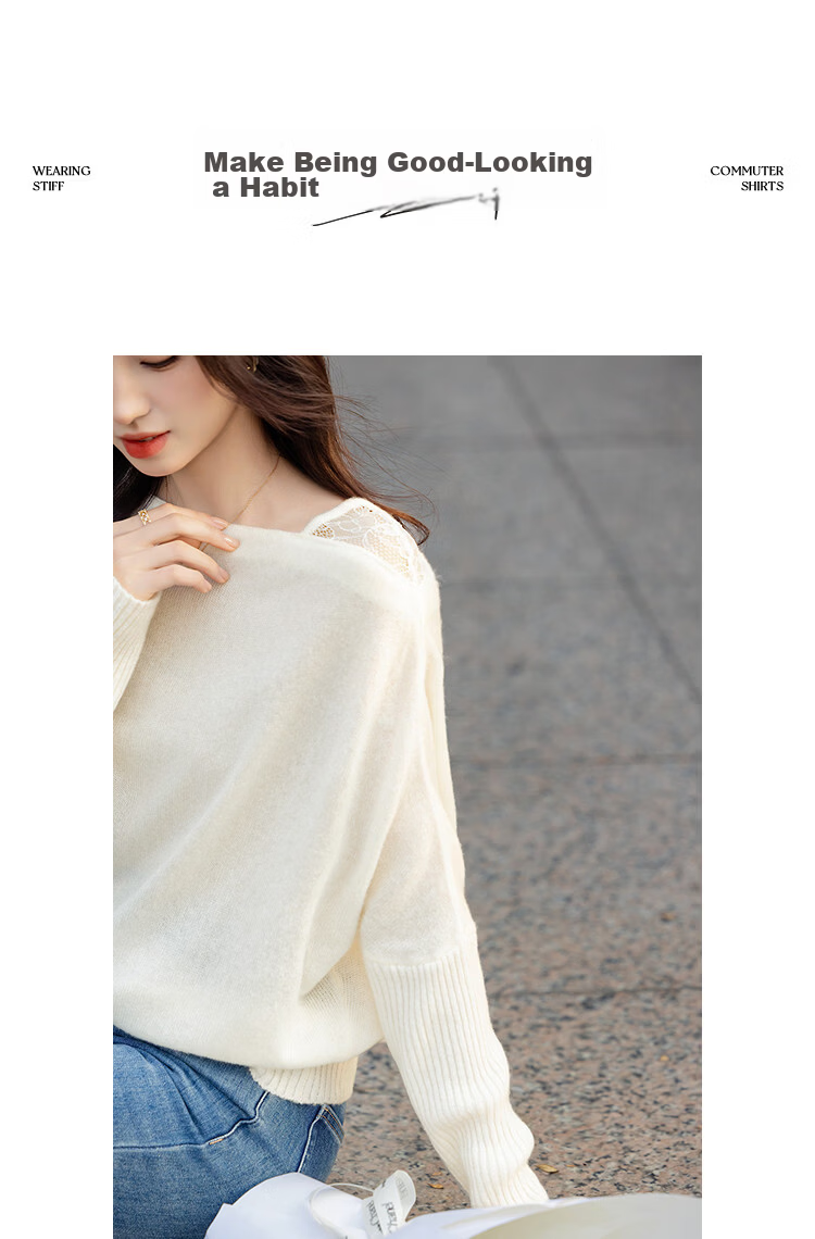 Demana Bare-Feel Lyocell Autumn Goat Cashmere Wool Spliced Lace Off-Shoulder Asymmetric Neck Knit Sweater for Women 10