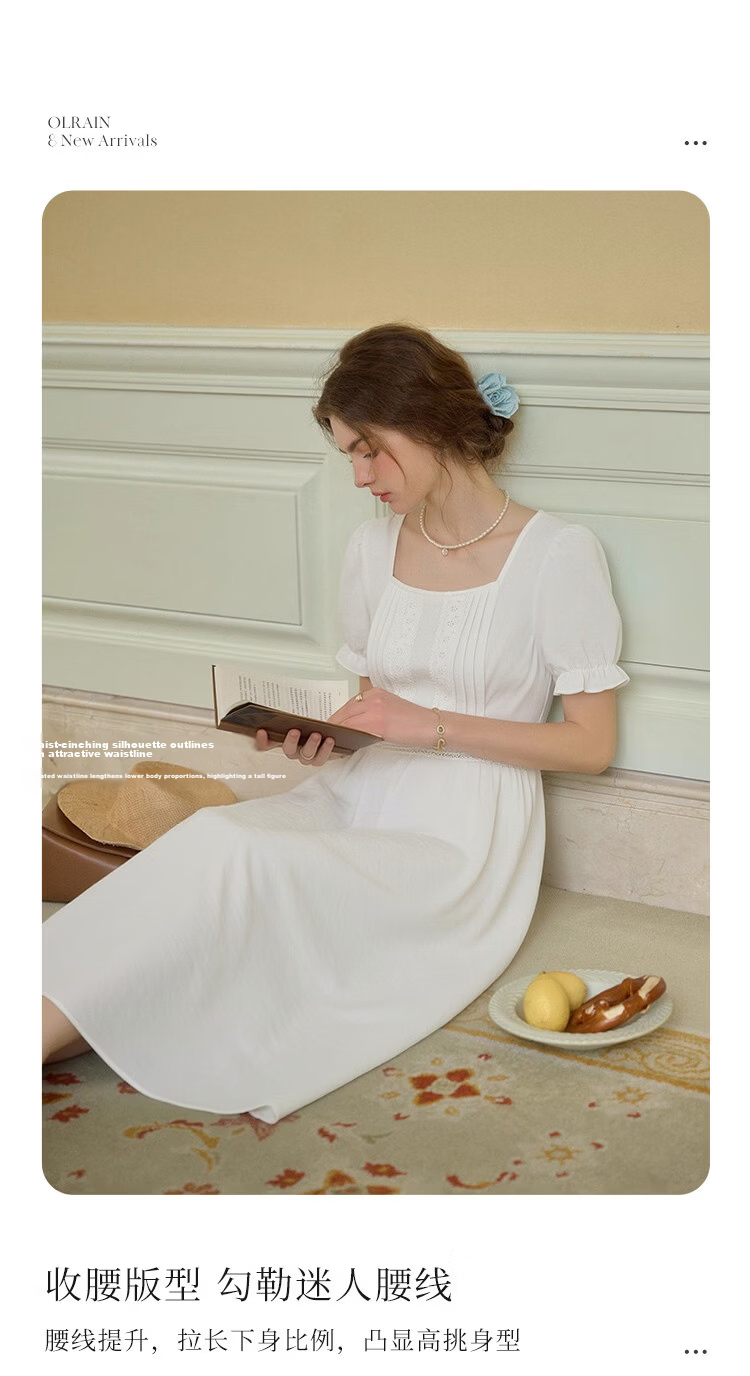 Olrain Lace Short Sleeve Square Neck Dress Summer Women's French Country Mid-Length Dress Off-White M 6