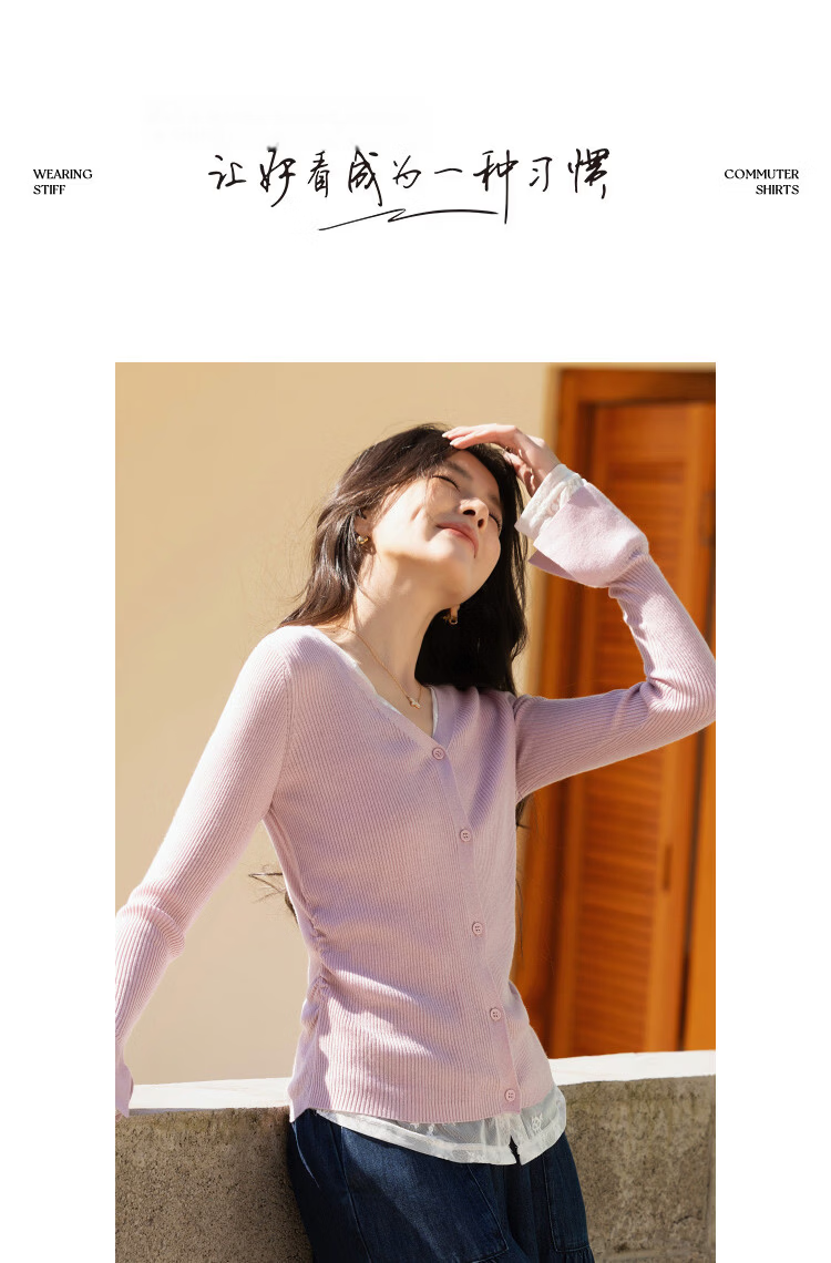 Demana Women's Slim Fit Spring V-Neck Knit Sweater with Lace Splicing, Faux Two-Piece Design, Mulberry Silk and Wool Blend 10