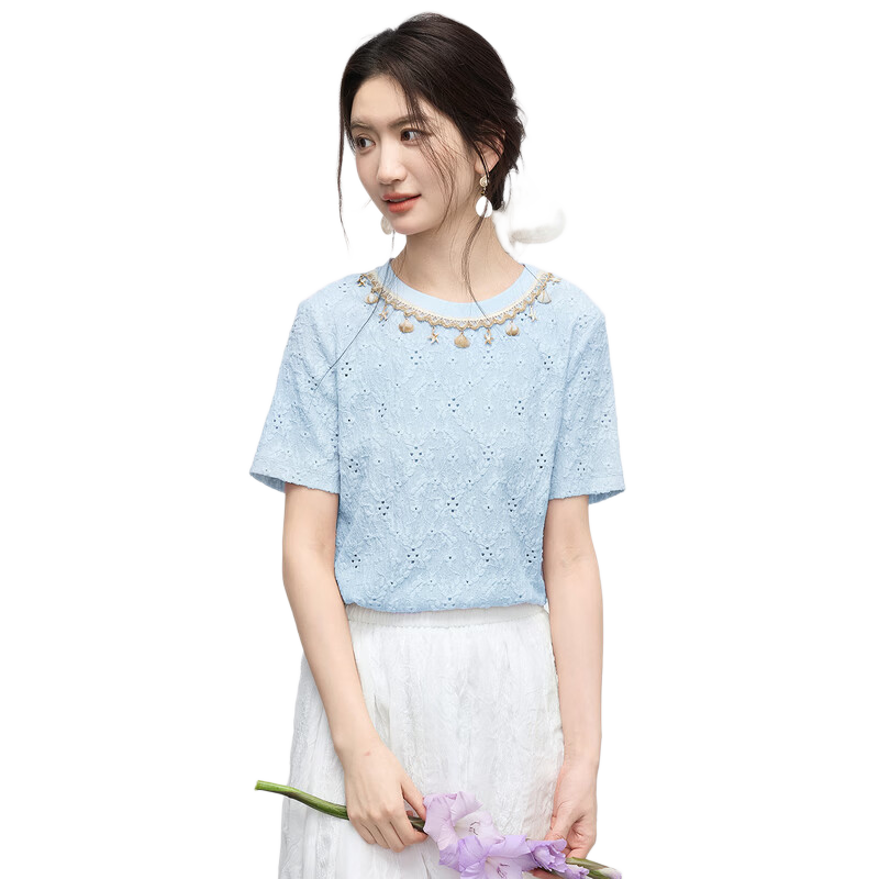 Sllsky Bohemian Heavywork Hollow-out Short Sleeve T-shirt Women Summer 2026 New Elegant Shell Strap Crew Neck Top