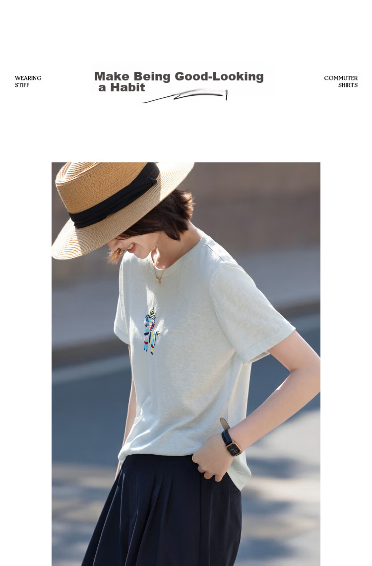 Demana [with Lyocell Cotton] Summer Fresh Sweet Little Horse Embroidery Round Neck Short Sleeve Slim Fit Designer Women's T-Shirt 13