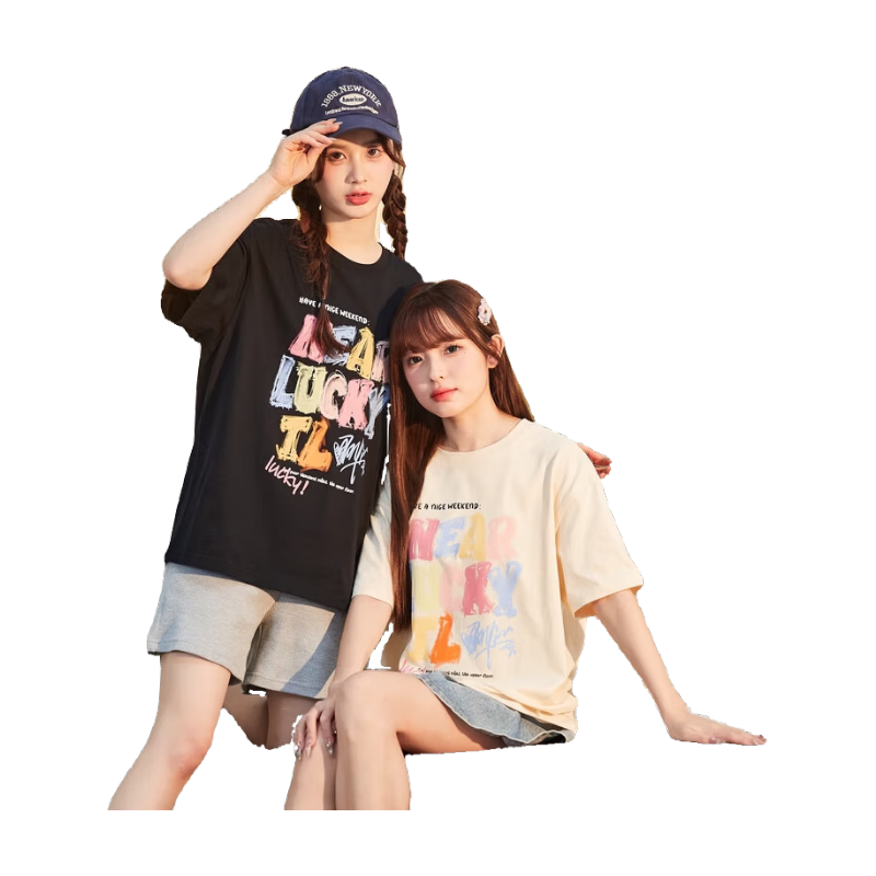 TonLion 2025 Women's Crew Neck Graffiti Text Cotton Short Sleeve T-Shirt Apricot Batch S