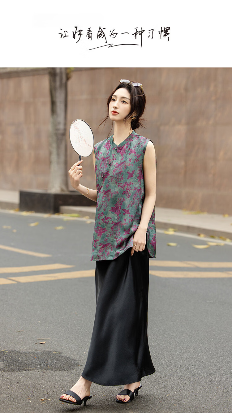 Demana [Human Silk Gauze Print] Summer National Style New Chinese Small Stand Collar Asymmetric Loose Slim Women's Shirt 1