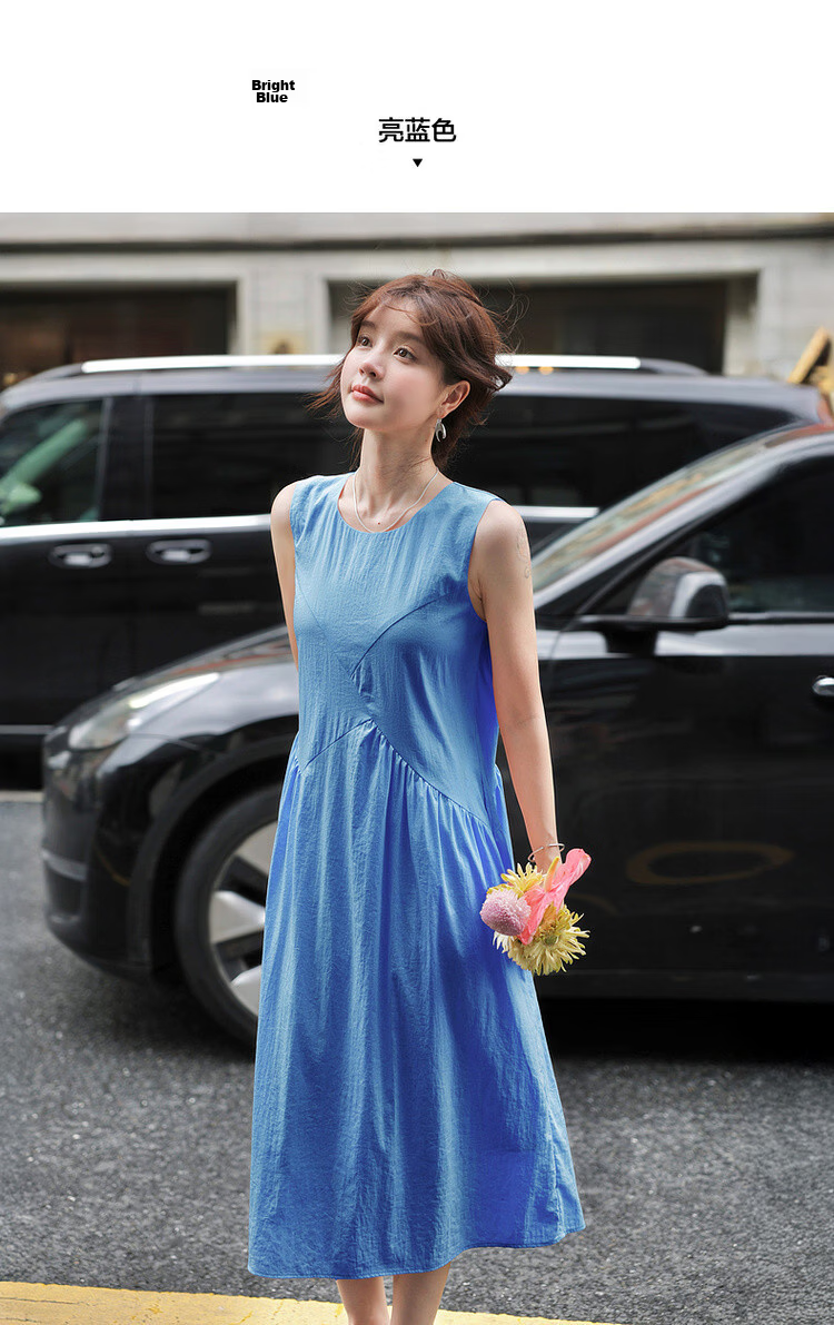MT Light Oxygen Variations Summer Urban Elegant Round Neck Pleated Splicing Straight Sleeveless Long Dress for Women 14