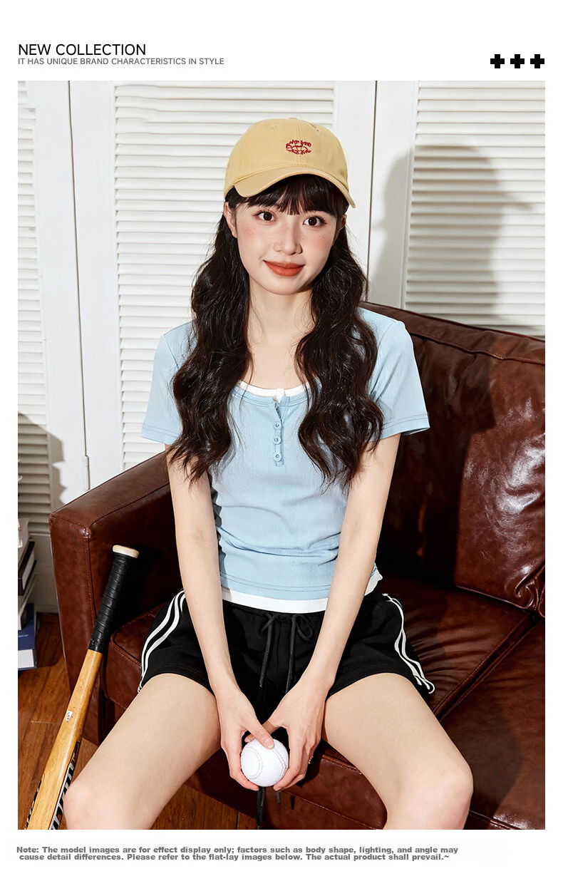 TonLion Women's Summer 2026 New Slim Fit Shoulder Patch Two-Piece Style Short Sleeve T-Shirt Top 2