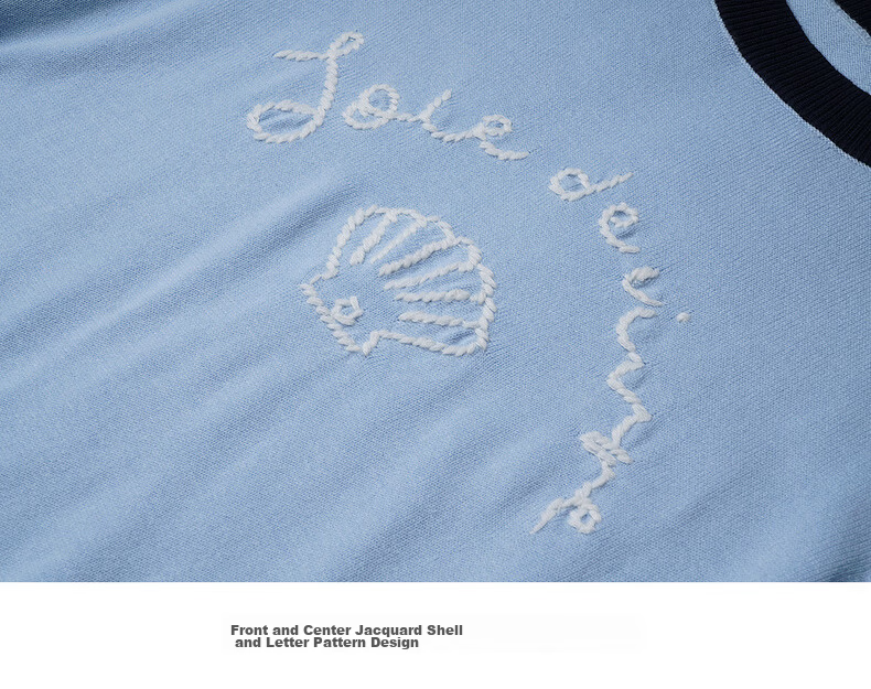 Olrain Oureier New Summer Jacquard Embroidered Round Neck Casual Short Sleeve Knit Pullover Top for Women Blue S 24