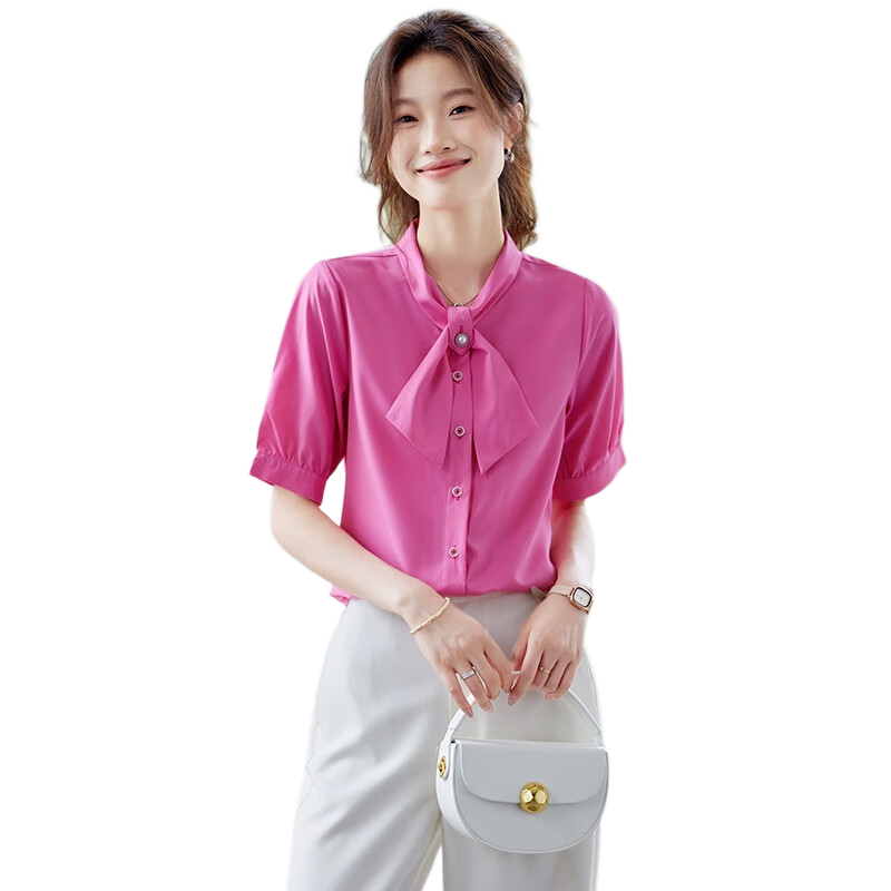 JEANSWEST Women's Summer Short Sleeve Shirt Elegant Versatile Fashion Bowknot Solid Color Formal Top Rose Red XL