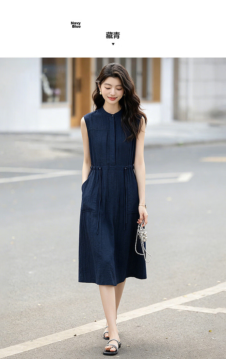 Demana [Accompanied by Elegance] Summer Simple Style Half-Placket Round Neck Drawstring Loose Mid-Length Dress for Women 8