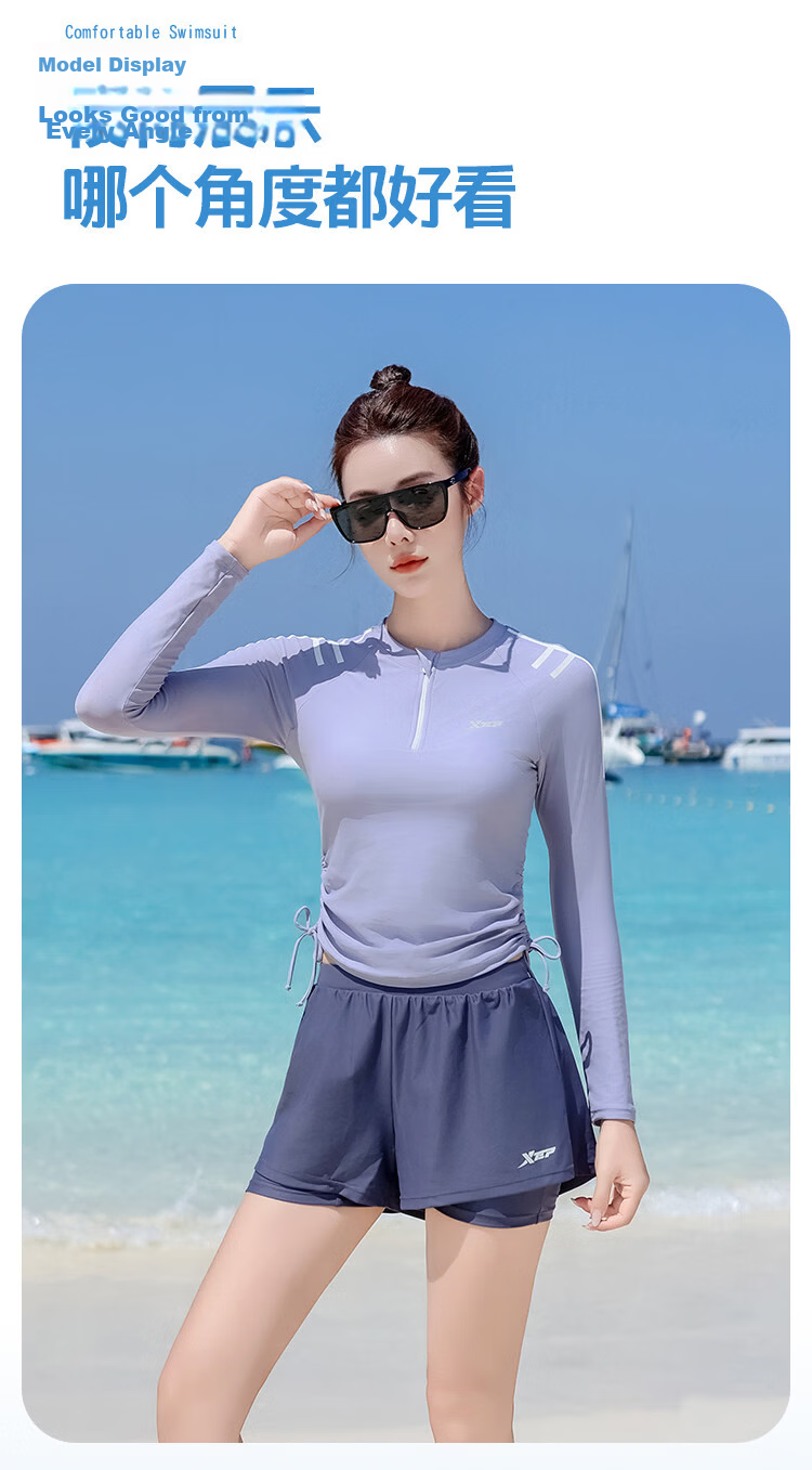 Xtep Women's High-End Long Sleeve Two-Piece Swimsuit, Tummy Control, Slim Fit, Conservative, Fashionable Beach Vacation Swimwear 13