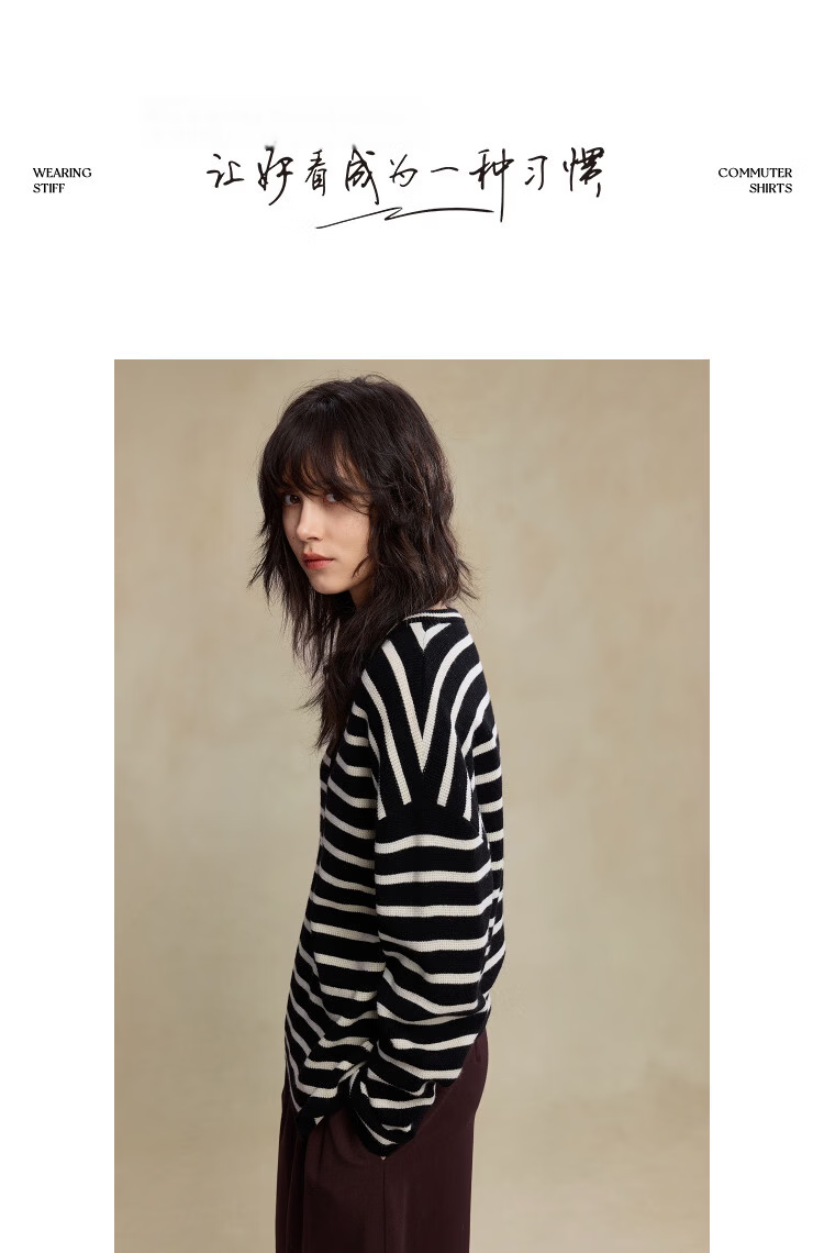 Demana Breathable Wool Blend Vintage Salt-Wind Half-Placket Striped Loose Knit Sweater Women's Top Winter 12
