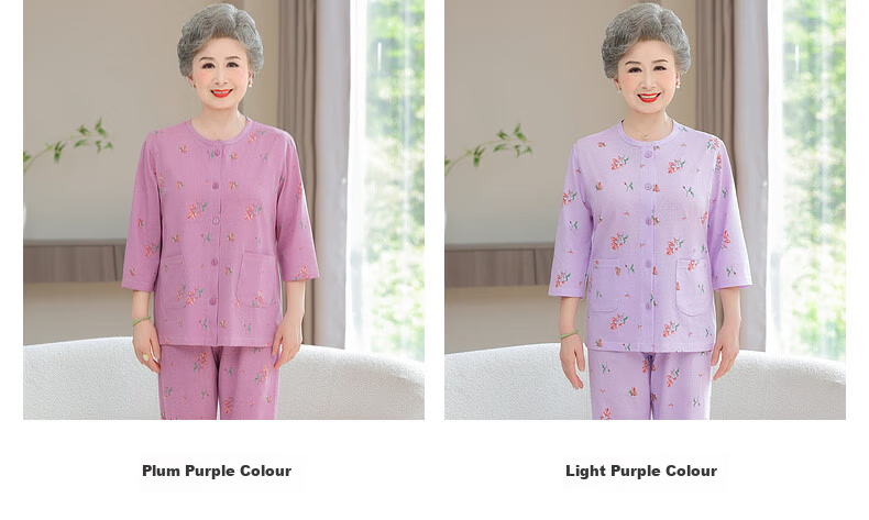 Fengxiao Middle-aged and Elderly Mom Spring Pajama Set Two-piece Pure Cotton Elderly Homewear Grandma Loose Long Sleeve Suit 5
