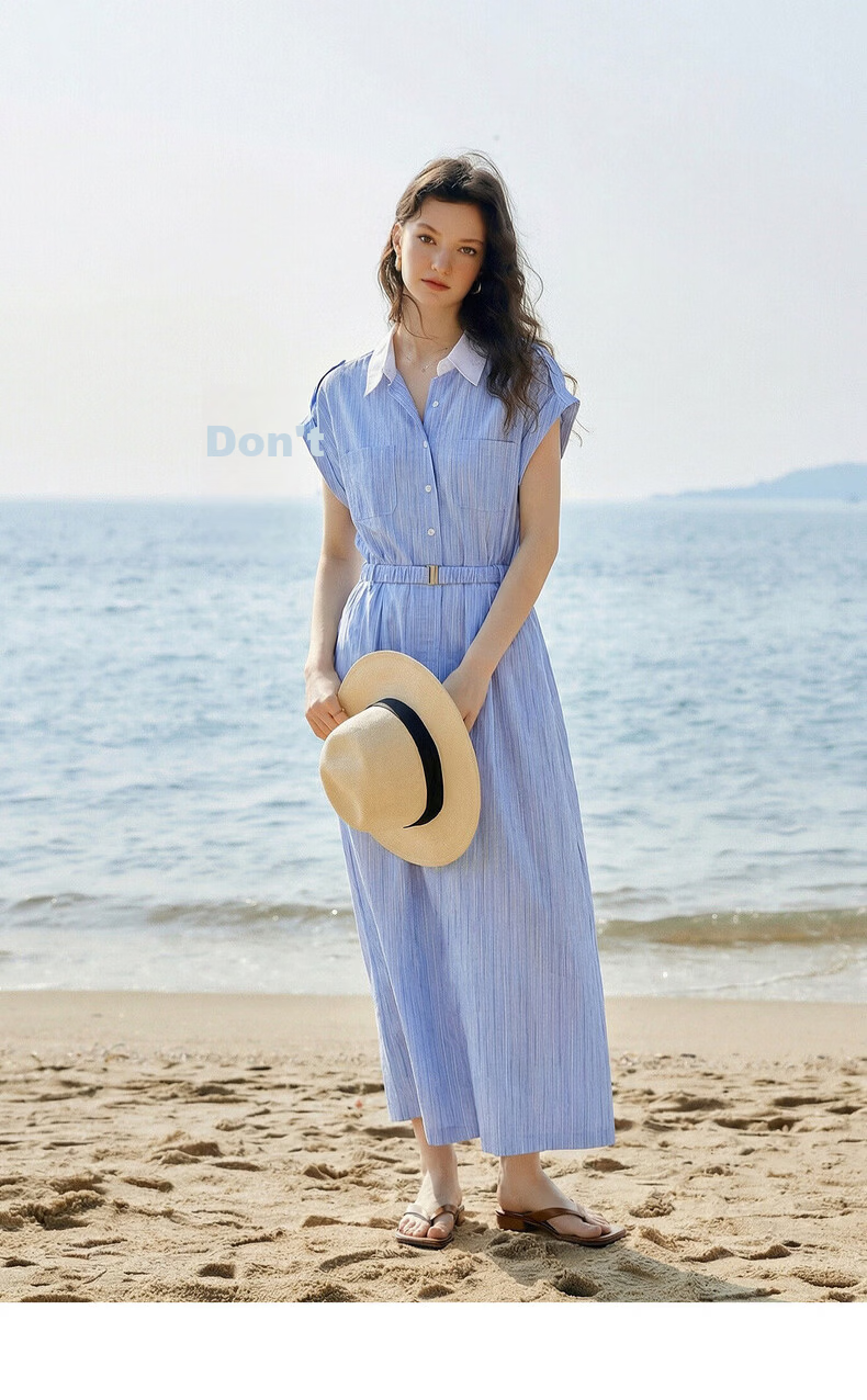 Olrain European Style Summer French Commuter Striped Shirt Dress Waist Slimming Elegant Short Sleeve Dress Blue S 10
