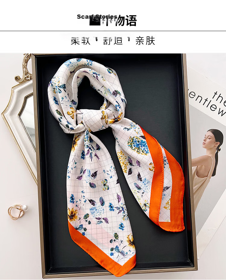 GLO-STORY Scarf and Scarf Buckle Set 70cm French Elegant Small Floral Print Square Scarf Gift Box 1