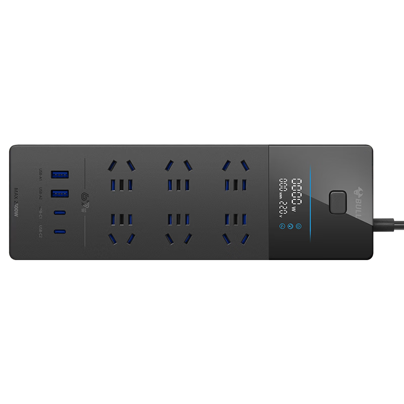 BULL 67W Gallium Nitride Fast Charging Smart Digital Display Surge Protection Power Strip/USB Cable/Power Bar, 6 Outlets + 2A2C Master Control, Total Length 1.8 Meters, UK1676