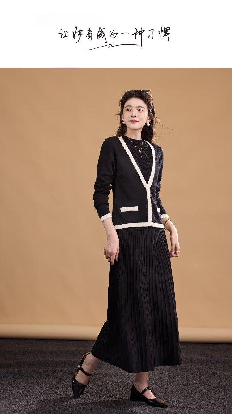 Demana [Fragrant Breeze] Winter Faux Two-Piece Color-Block Lambswool A-Line Knit Dress for Women Long Length 1