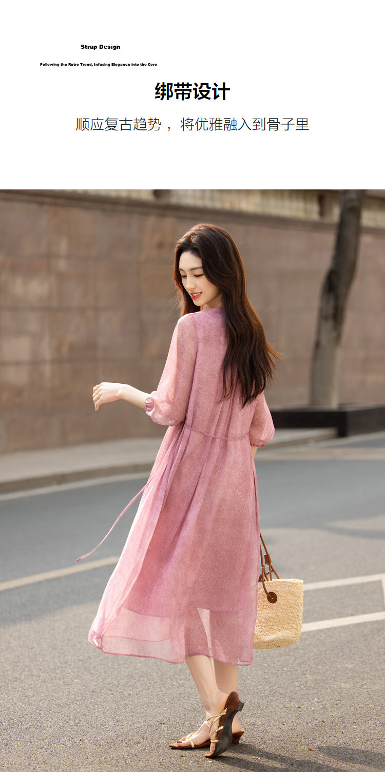 Demana Misty Rose Summer Elegant Printed Tie-Waist Six-Sleeve Flowing Slim A-Line Dress for Women Premium Feel 7
