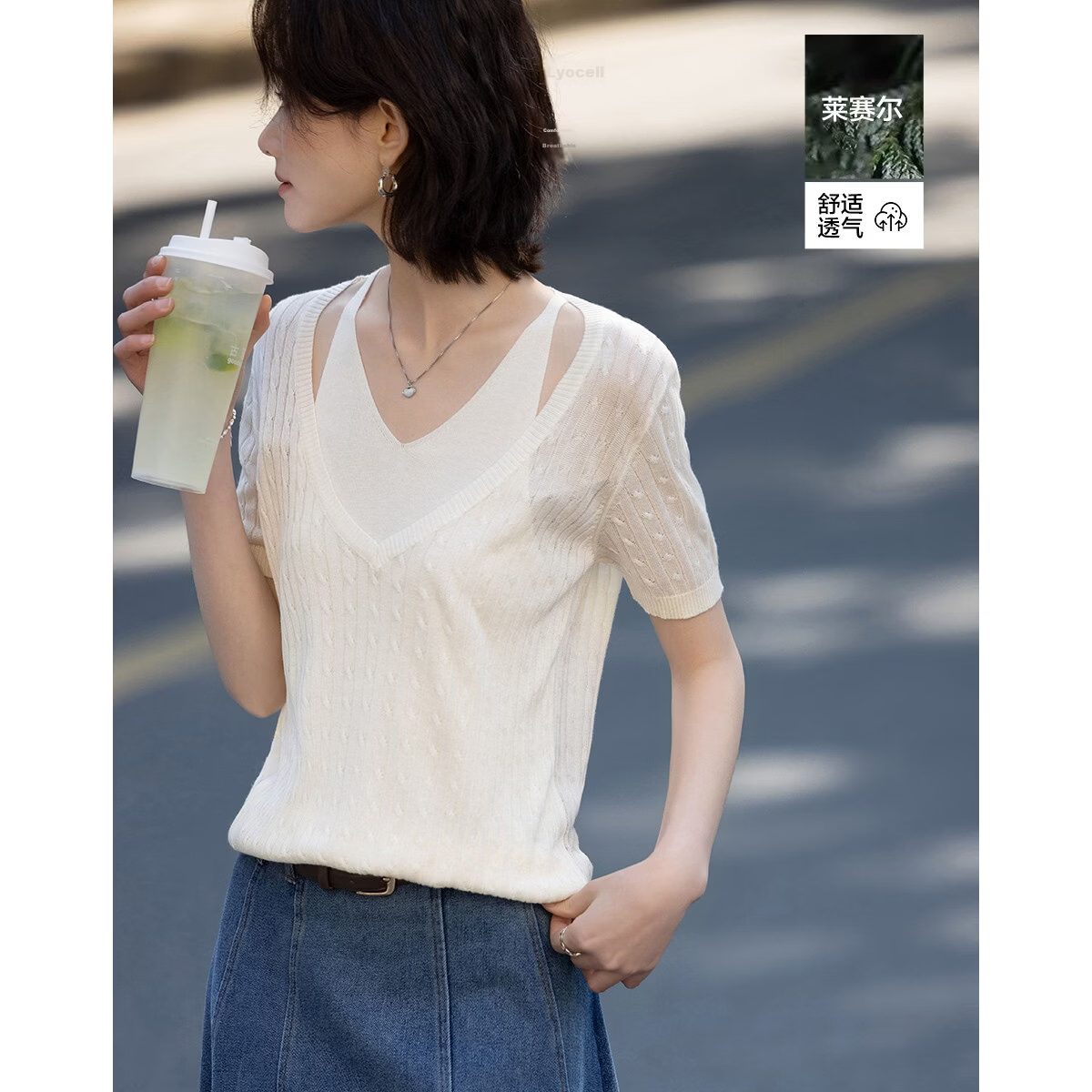 Demana [100 Lyocell] Summer Halter Neck Two-Piece V-Neck Cable Knit Slim Fit Short Sleeve Sweater for Women Premium Quality
