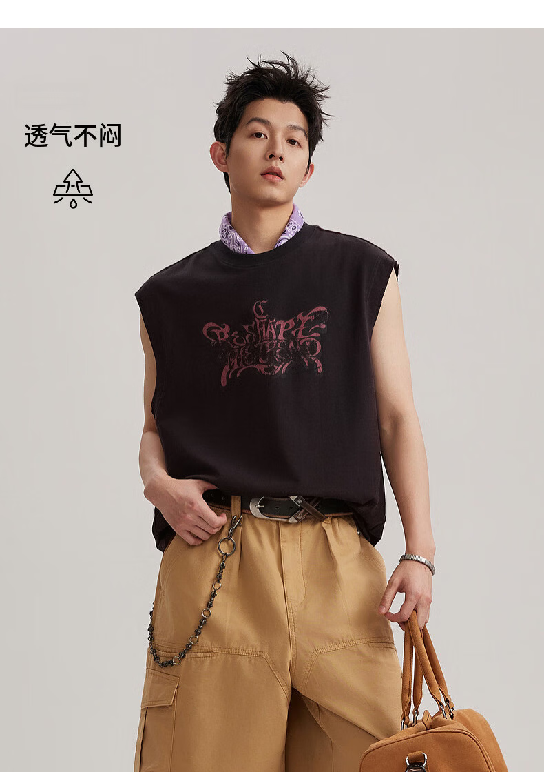 CABBEEN 100% Cotton Two-Tone Vest Men Wine Red Contrast Pioneer Graffiti Print Casual Summer 2026 Vest 16
