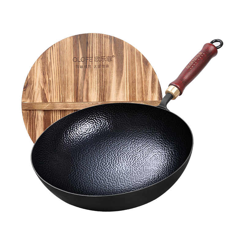 OLOFE Zhangqiu Hand-Forged Iron Wok, Non-Coated Round Bottom Stir-Fry Pan, Large Wok with Fine And Black Iron Surface, 32cm