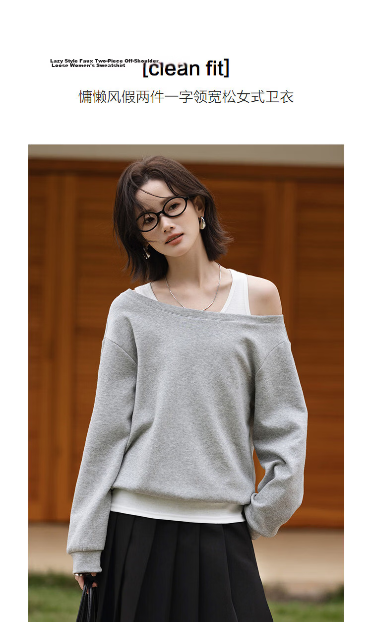 Demana [Comfort Elastic Air Layer] Spring Lazy Style Two-Piece Illusion Off-Shoulder Loose Slimming Concealing Sweatshirt for Women Premium Feel 4