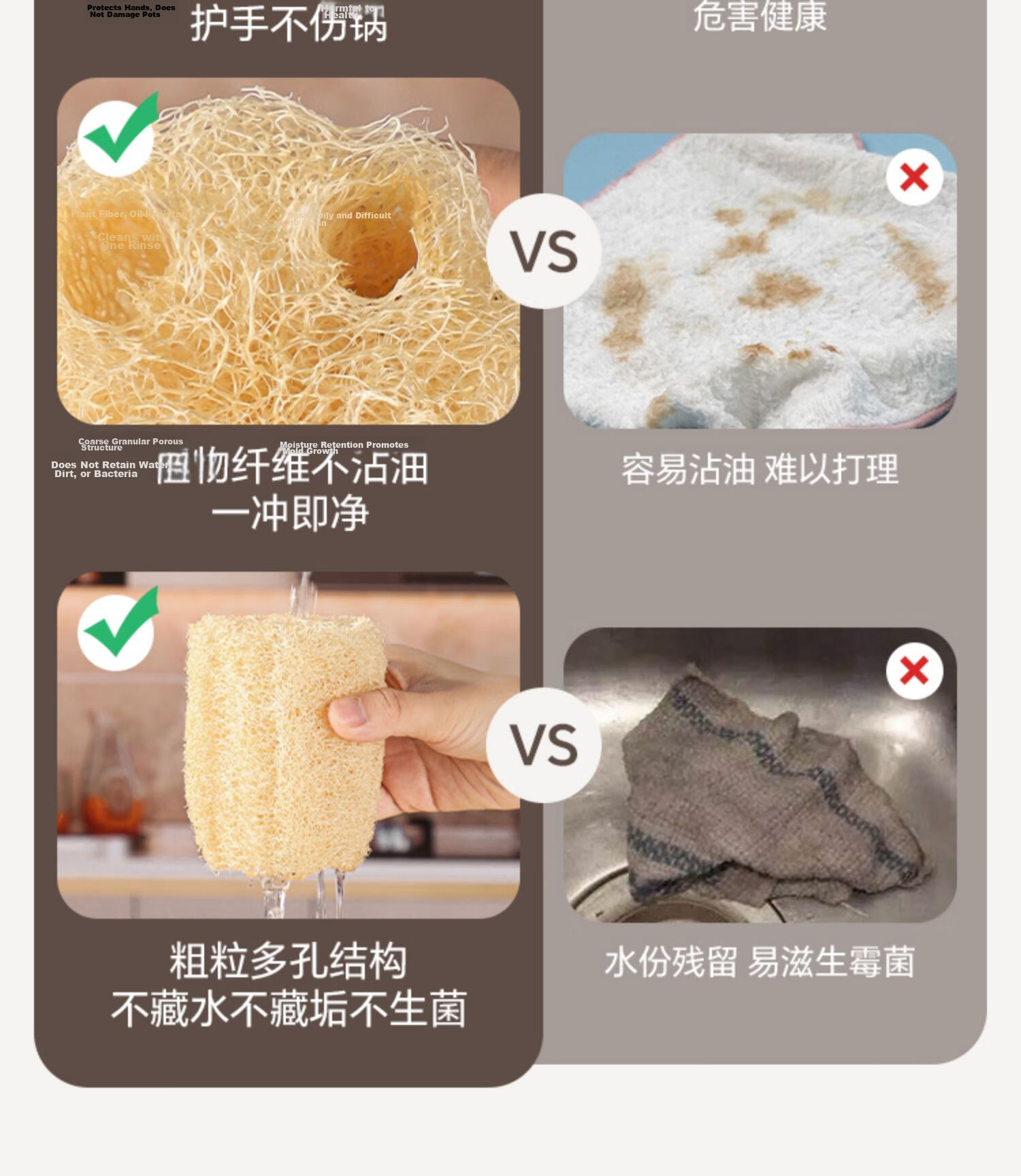 Mengtin Natural Loofah Sponge 3-Pack Non-Stick Dishwashing Kitchen Scrub Brush Durable Loofah Dish Cloth Oil-Resistant 1