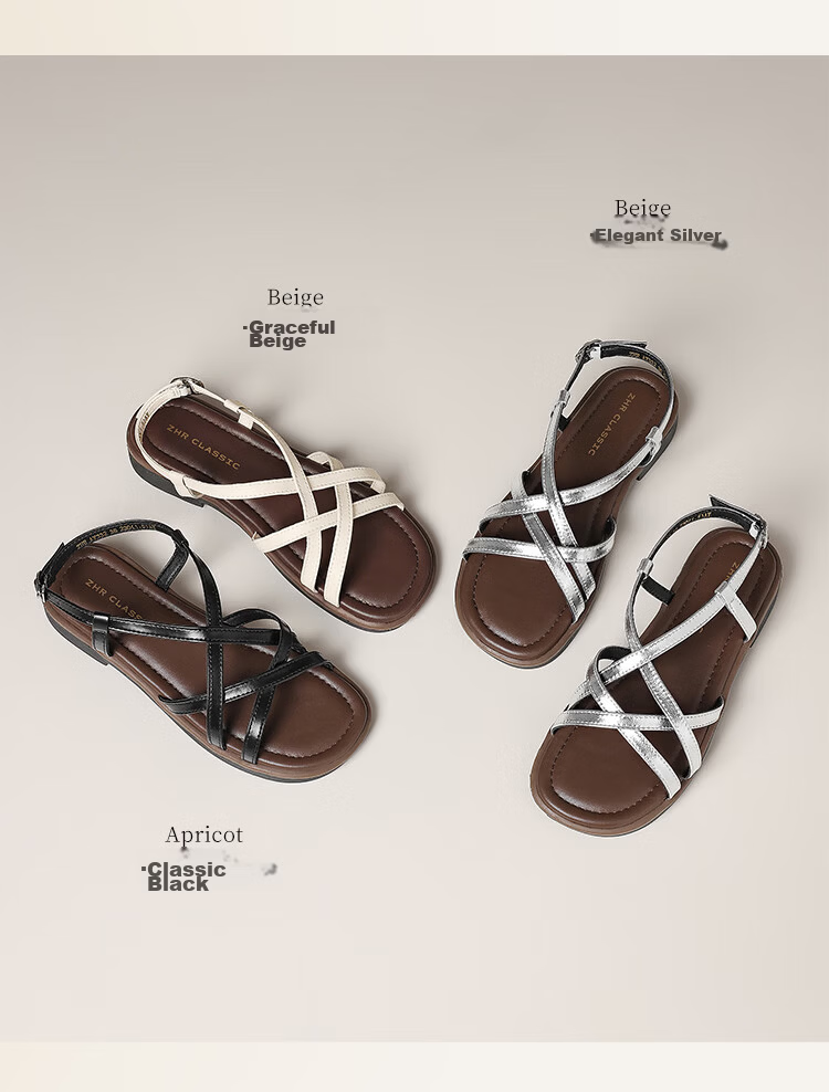 ZHR Women's Flat Sandals 2026 New Summer Cross Strap Soft Sole Casual Beige AY332 Size 36 6