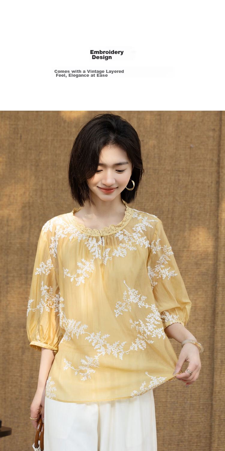 Demana [Refreshing Lyocell] Summer Lace Collar Embroidered Short Sleeve Loose Slim Fit Petite Shirt for Women Premium Quality 6