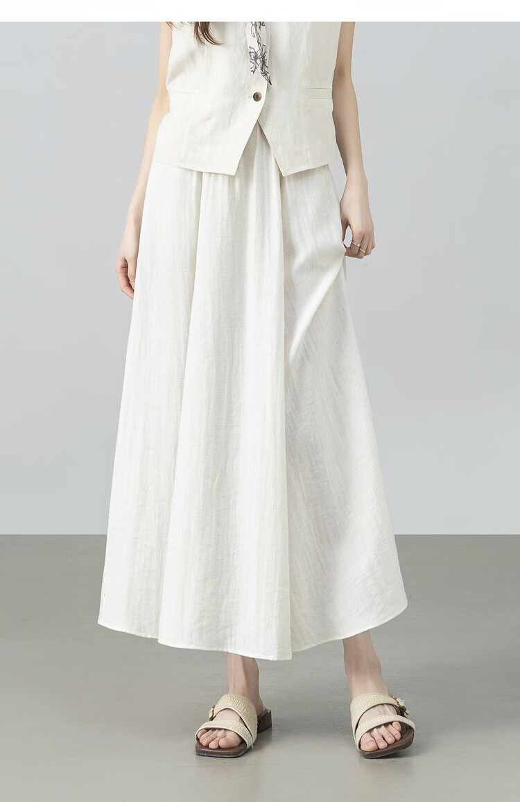 Shangdubila Linen Blend Pear-Shaped Slimming A-Line Skirt for Women Spring Summer Elegant Commuter Elastic Waist High-Quality Temperament Long Skirt 18