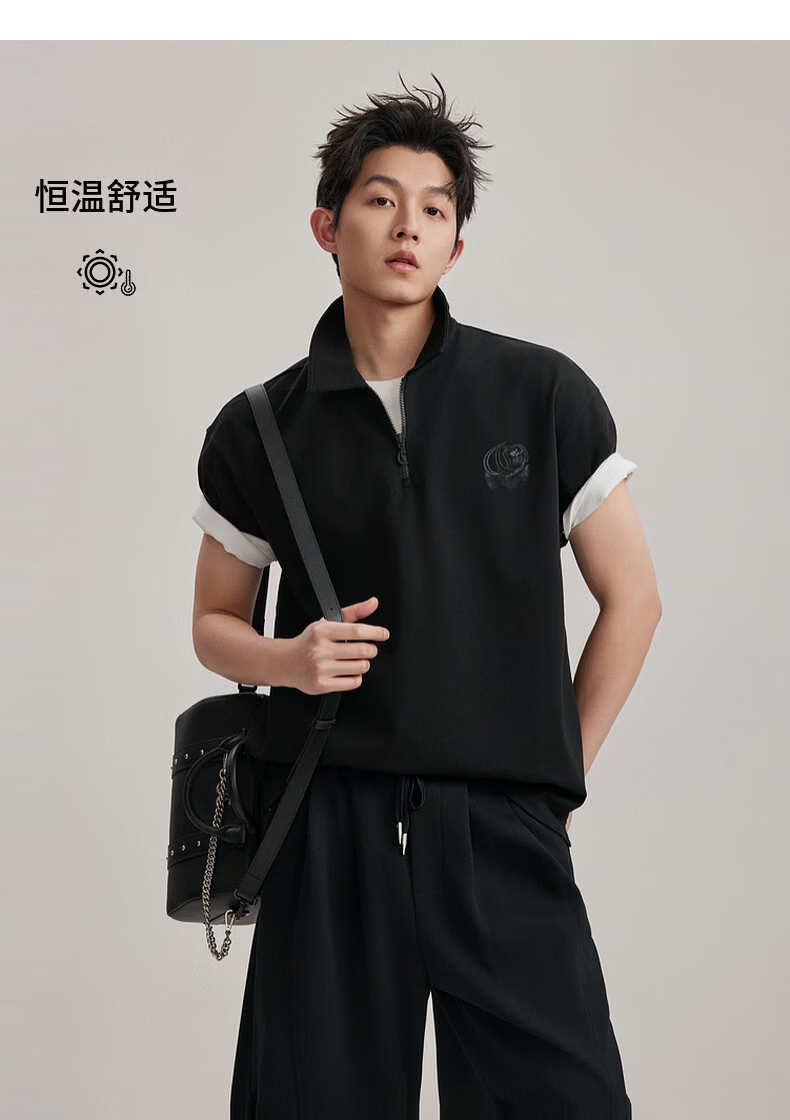 CABBEEN Pure Cotton Semi-Bleached Plain Half-Zip Polo Shirt Men Vintage Street Print Summer Short Sleeve Breathable Polo Shirt 15