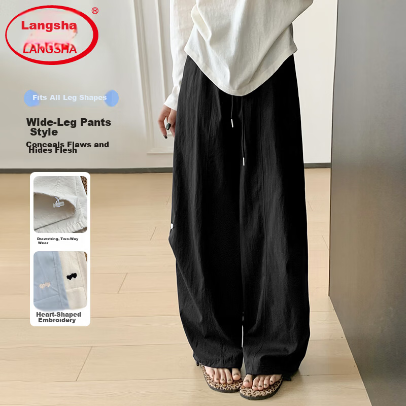 Langsha High Waist Casual Pants for Women Spring Summer Loose Straight Embroidered Washed Wide Leg Trousers Versatile Travel Long Pants Female