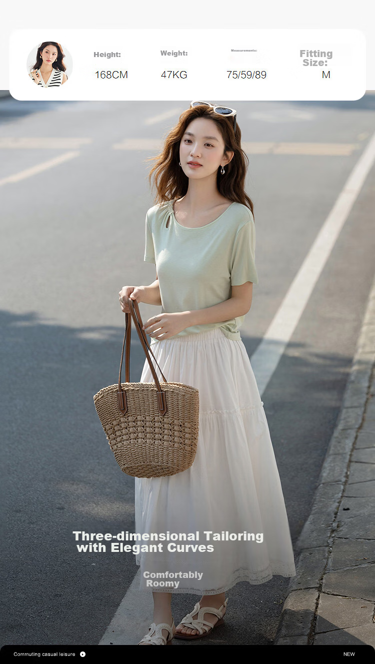 Demana [With Wool and Lyocell] Summer Simple Style Round Neck Hollow Cut Slimming Concealing T-Shirt for Women Premium Feel 9