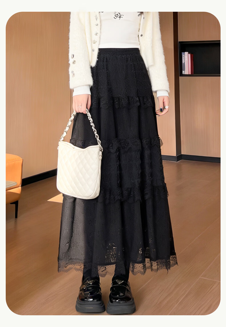 Langsha Women's Summer New Fashion Lace Cake Skirt Slim Fit A-Line Skirt Casual Versatile Skirt 22