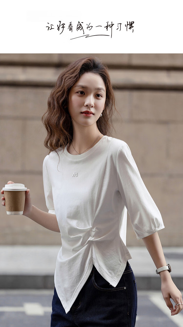Demana [Sorona Breathable] Spring Simple Style Round Neck Ruched Embroidery Mid Sleeve Petite Women's T-Shirt 1