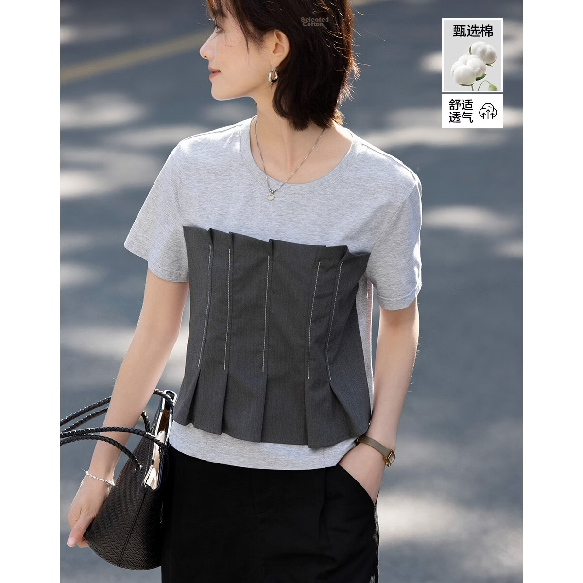 Demana [Fashion Urban] Summer 3D Pleated Strapless Layered Color-Block Faux Two-Piece Slimming Cotton-Spandex T-Shirt for Women Premium