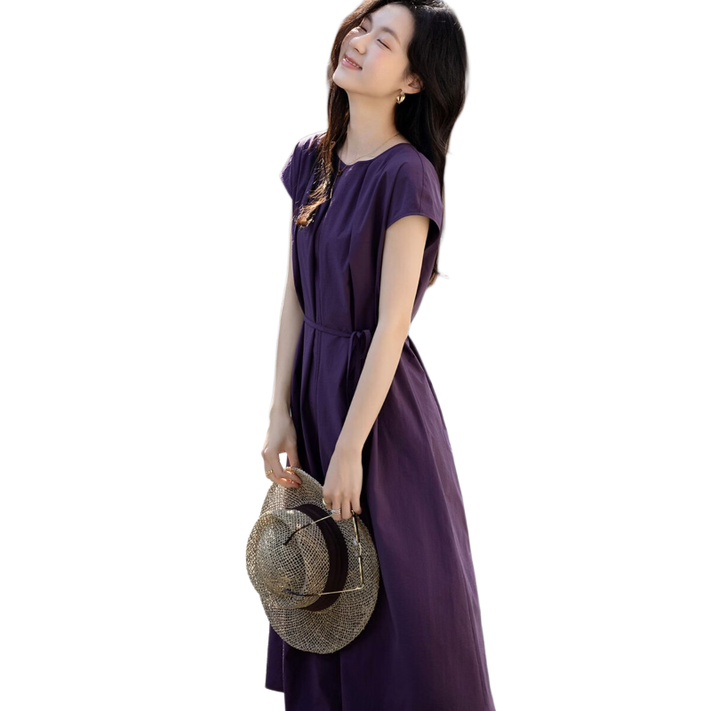 Demana [Black Technology] Summer Sorona Round Neck Cap Sleeve Belted Loose Slim Dress for Women High-End Feel