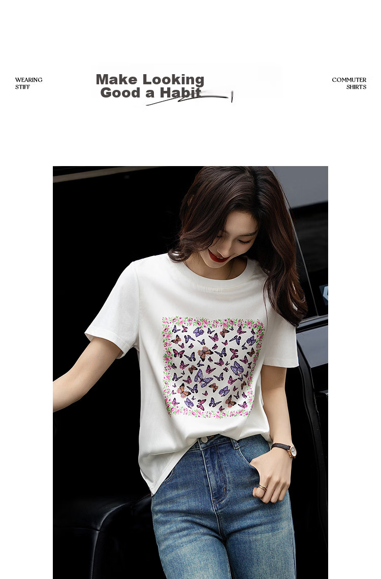 Demana [Cooling Black Technology] Summer Sorona Spliced Mulberry Silk Hand-Painted Print Slimming Concealing T-Shirt for Women Premium 6