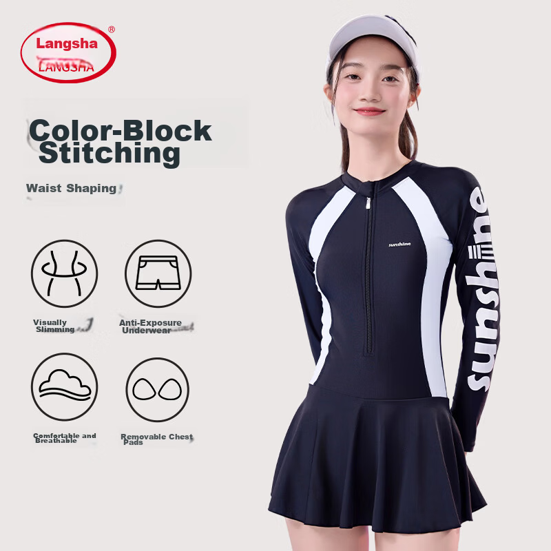 LangSha Women's One-Piece Skirted Modest Slim Fit Swimsuit Beach Spa Swimwear