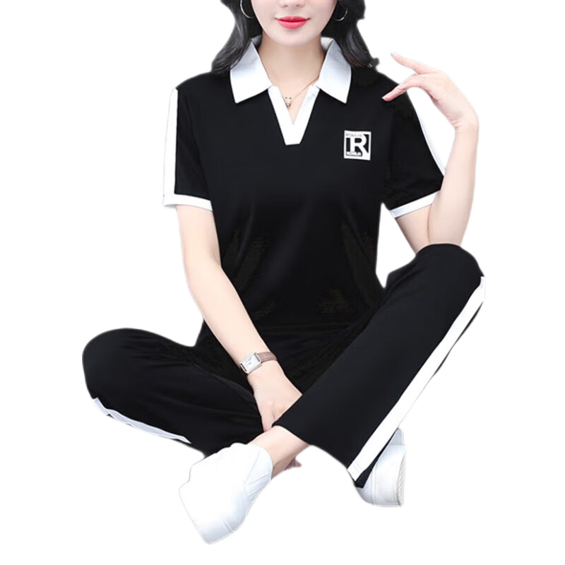 Woodpecker Ice Silk Sports Set for Women Summer Plus Size Fashion Casual Versatile Middle-aged Mom Two-piece Set Black L