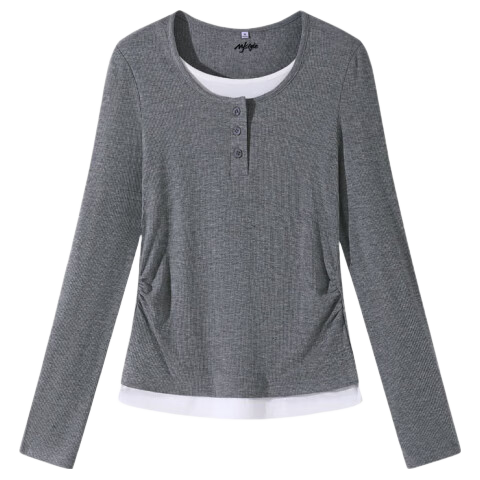 MJ STYLE Colorblock Layered Look Long Sleeve T-Shirt Women 2026 Spring Autumn New Korean Slim Fit Shoulder Base Shirt